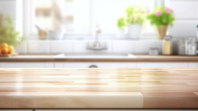 Cozy kitchen room with wood counter top island and bread or food ingredient,kitchenware in rustic style.interior design