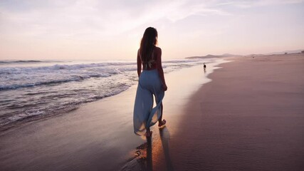 Silhouette of a woman in a bikini and flowing pants walking her dog at sunset in Mexico - Powered by Adobe
