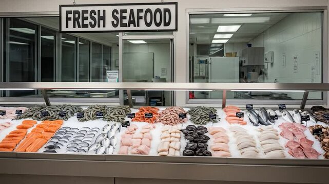 Fresh Seafood Display: Variety of Fish and Shrimp at Market