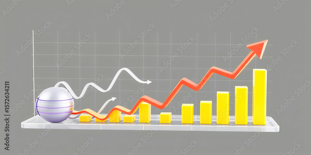 Poster an illustration of a graph with yellow bars and red and white arrows on a gray background on transpa