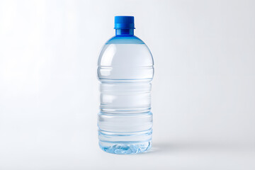 Naklejka premium Transparent plastic water bottle with visible water lines and a blue cap, placed on a white background. Perfect for hydration, fitness, or sustainability topics.