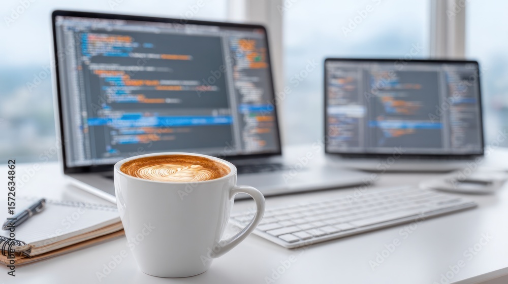 Poster coding and coffee break: a captivating image showcasing the fusion of modern technology and the simp