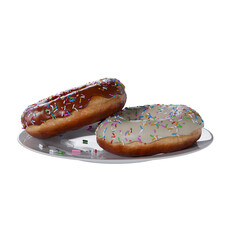 Two delicious donuts on a white plate. Transparent background.