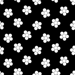 Open flower petals. White silhouette. Seamless vector pattern. Repeating floral ornament. Isolated black background. Blooming inflorescence. Open flower bud. Cartoon. Idea for web design.