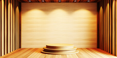 A wooden stage with three levels in a room with wooden walls and ceiling spotlights on transparent background
