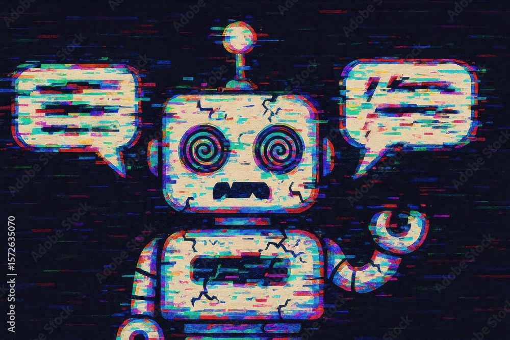 Fototapete digital glitch art showcasing a retro robot with spinning eyes and speech bubbles in a colorful, dis