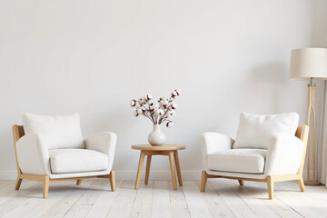 Obraz premium two comfortable white armchairs next to coffee table and cotton branches in vase, modern living room. 3d rendering.