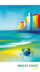 Vibrant illustration of the Amalfi Coast, with a blue crab on a sandy beach and a colorful cliffside village. Modern, painterly style for summer travel and vacation themes.