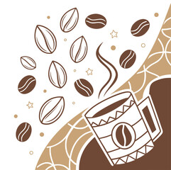 Obraz premium Brown Coffee Cup Beans Steam Line Art Illustration