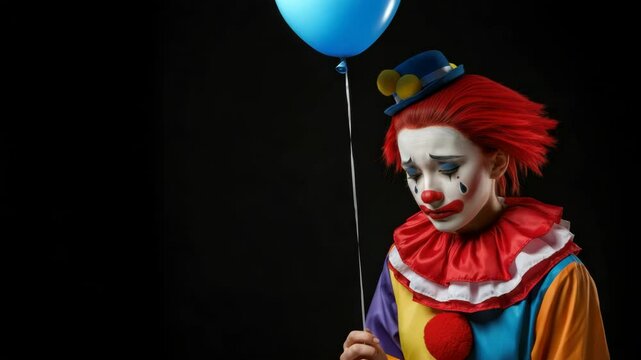 Sad clown with red hair and blue balloon in dark background