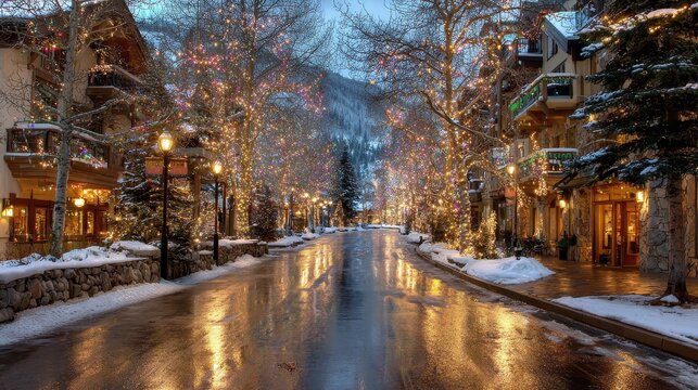 Colorado Christmas: Festive Winter Scene with Christmas Lights in Vail Town