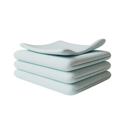 Stack of four folded baby changing pads with light blue and white thin stripes isolated on transparent background