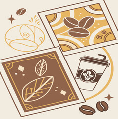 Abstract Coffee Beans Leaves Cup Beige Brown Design