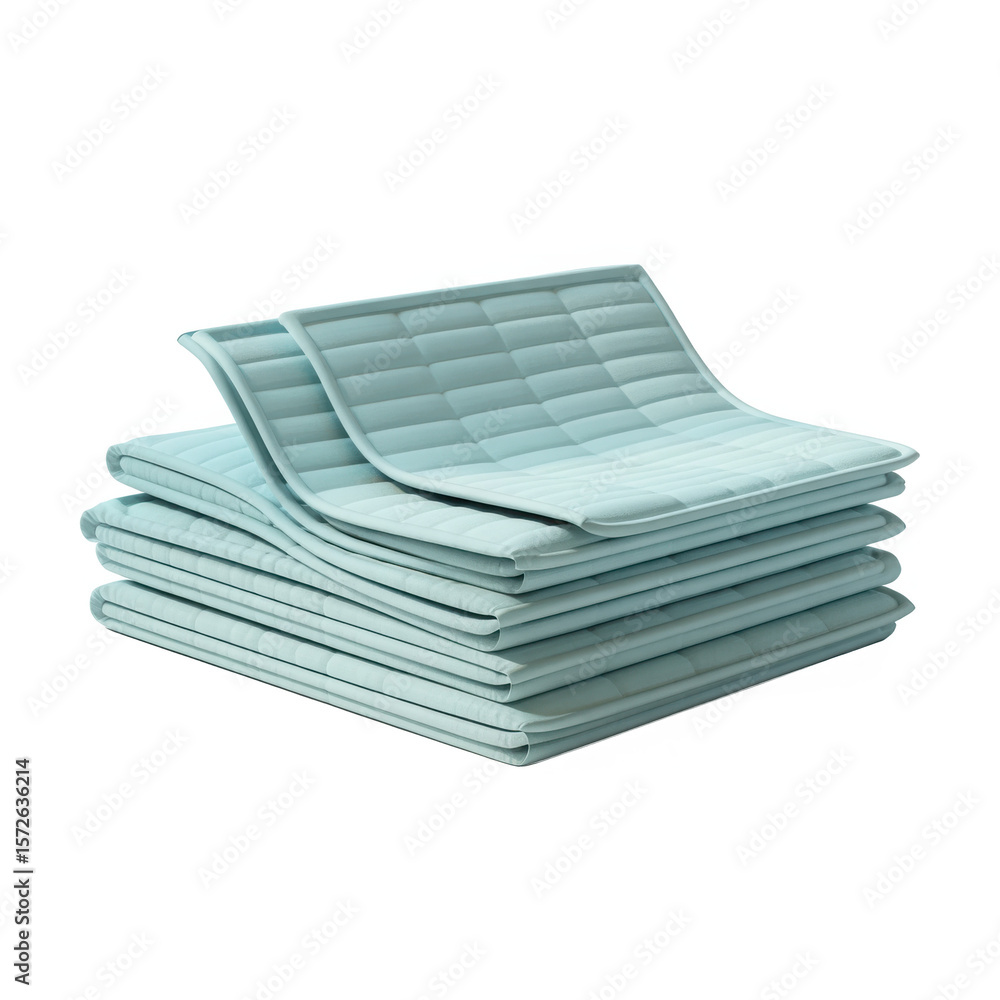 Poster stack of light blue quilted fabric mats with soft lighting and shadow patterns isolated on transpare