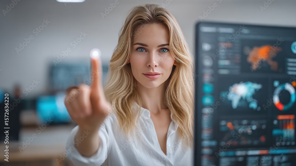 Poster interactive interface: a focused professional with a thoughtful expression, poised to engage with a 