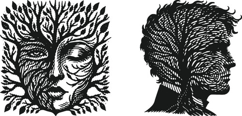  Heavy lined black vector bundle of surreal human and tree fusion illustration, abstract conceptual growth symbol, nature and identity merge art, isolated detailed drawing design