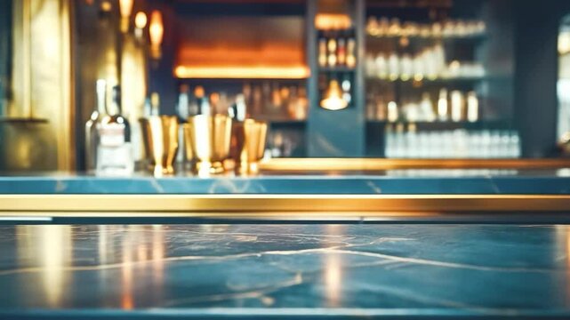 Blur shot of classic luxury counter bar drink.cocktail bartender with light gold bokeh in night background.For beverage product shot