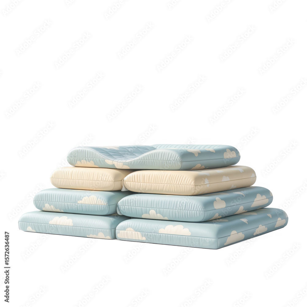 Poster stack of comfortable ergonomic pillows with cloud patterns and solid colors isolated on transparent 
