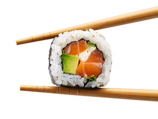 Single Salmon Avocado Sushi Roll with Chopsticks Holding It Mid-Air