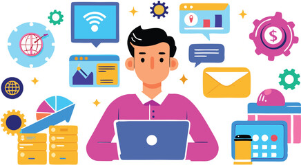 A collection of dynamic online marketing illustrations, featuring digital advertising concepts like social media, analytics, and e-commerce, often incorporating bold colors and modern design