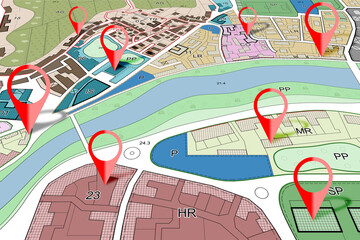 Real Estate and Building Activity concept with red location pin point against an imaginary General Urban Plan with zoning regulations, urban districts, urban destinations and land use