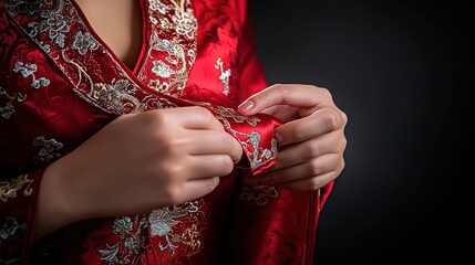 Traditional red embroidered clothing cultural heritage fashion details studio setting close-up perspective artisan craftsmanship