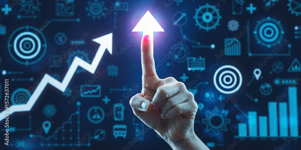 Poster hand touching glowing arrow pointing up with charts and icons on a blue background on transparent ba