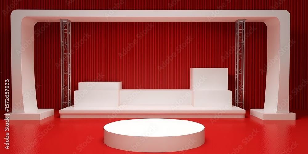 Aufkleber a stage with red curtains and white platforms and a white circular platform front on transparent bac