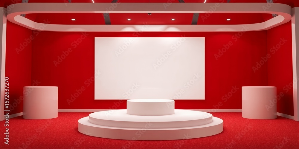 Poster a red and white studio with a stage and two cylindrical platforms in the corners on transparent back