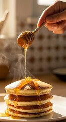 Stack of pancakes with honey being poured on top delicious breakfast food photography close up shot