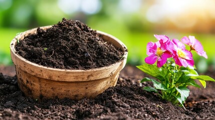 Pot with rich soil and pink flowers, green bokeh back