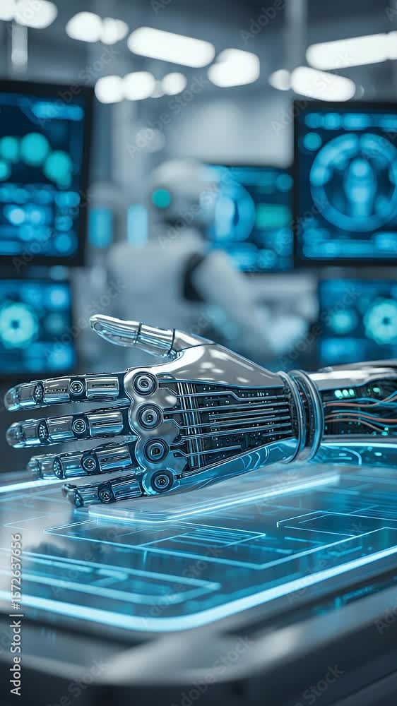 Poster robotic hand and ai integration: a sleek, metallic robotic hand rests gracefully on a futuristic, te