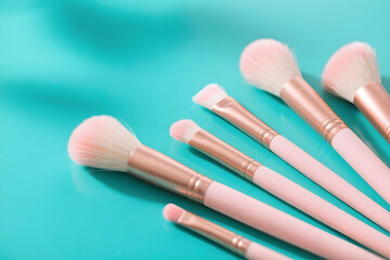 Pastel makeup brushes on turquoise, overhead shot, diffused lighting, clean and vibrant.