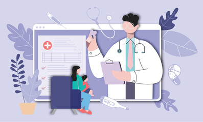 Illustration of telemedicine doctor visit medical exam on laptop computer