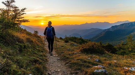 Fototapeta premium Hiking adventure at sunset overlooking mountains nature landscape photography tranquil outdoor experience