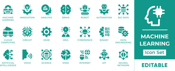 Machine Learning Icon Set. Includes icons of neural networks, AI, algorithms, data analysis, automation, and training. Perfect for tech, AI, and research projects.