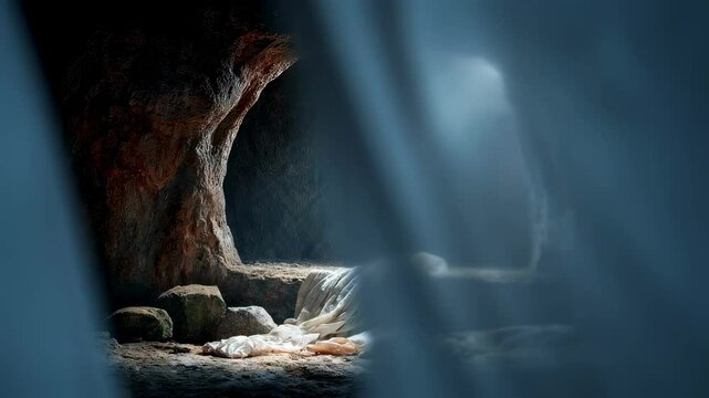 Beams of light shine into a dark cave illuminating an empty tomb with burial cloth left behind, creating a spiritual and mysterious atmosphere suitable for easter or resurrection themes