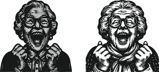  Excited Emotional Grandma with Glasses and Open Mouth Black Vector Bundle Illustration in Heavy Lined Effect Style for Vintage Comic Design, Expression Art, Poster, and Pop Retro Use