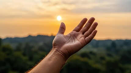 Sunset vision of hope outstretched hand embracing nature's beauty in serene landscape