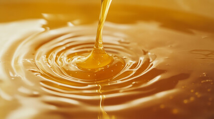 Honey drips creating ripples in golden liquid close-up captured in a serene setting
