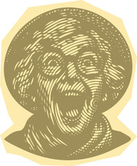  Papercut lined vibrant vector of excited emotional grandma with glasses and open mouth, colorful retro style elderly woman expression stamp illustration for fun senior character designs