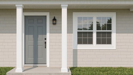 Natural timber entrance door on white house, contemporary residential exterior, modern home design, farmhouse style door architecture

