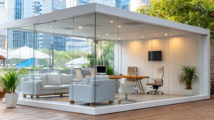 Glass Office in Nature: Modern office space designed with expansive glass walls, creating a seamless integration between work and the natural environment. Offers a serene and productive setting.