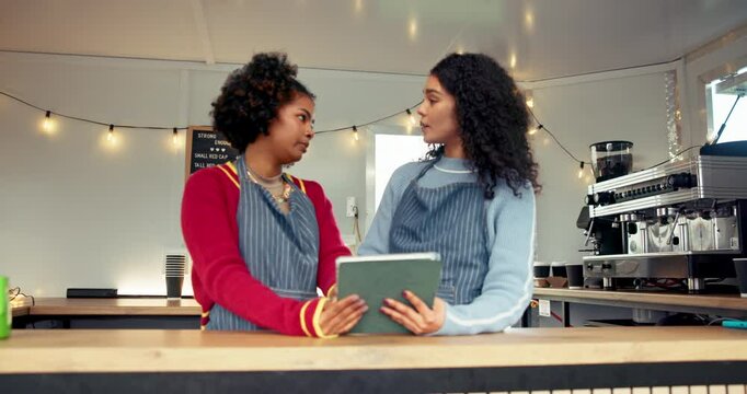 Talking, teamwork and cafe with people and tablet for small business, vendor license and menu planning. Food truck permit, partner and barista checklist with employee for coffee shop and inventory