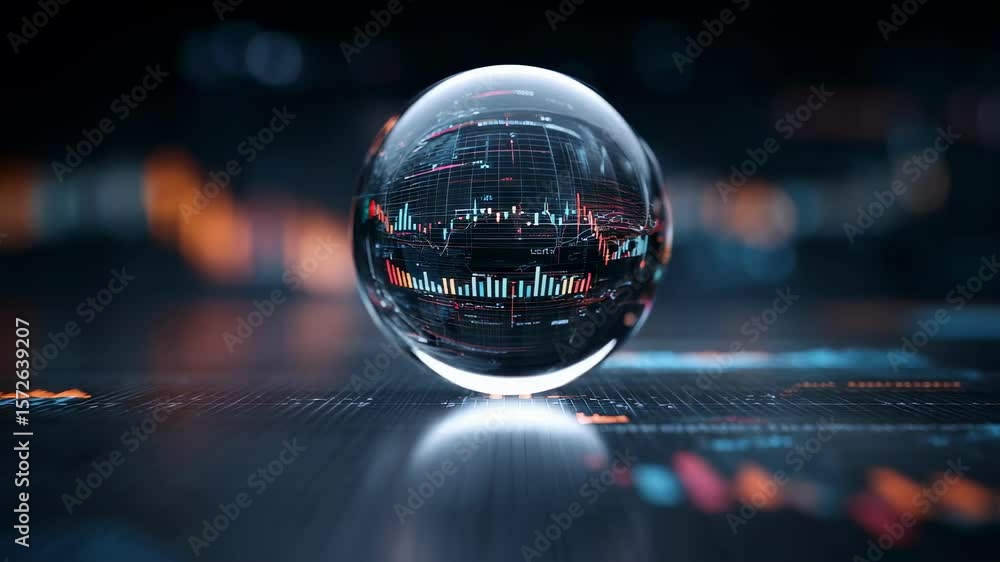 Aufkleber crystal ball displays stock market data and trends, reflecting on a dark surface with glowing lines 
