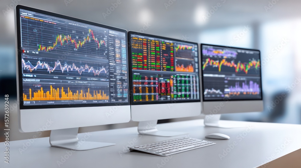 Poster market analysis display: a cutting-edge workstation featuring multiple computer screens displays com