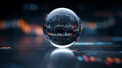 Crystal ball displays stock market data and trends, reflecting on a dark surface with glowing lines and grids, creating a futuristic atmosphere of financial prediction and analysis - Powered by Adobe