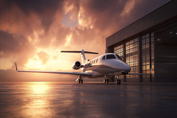 Small private jet parked in front of hangar with dramatic sunset sky.