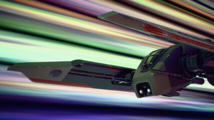 3d render of sci-fi military spaceship warp drive travel explores space at high speed flies into colorful neon energy portal tunnel making hyper jump teleportation to new unknown world, another galaxy