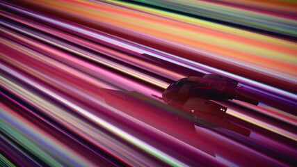 3d render of sci-fi military spaceship warp drive travel explores space at high speed flies into colorful neon energy portal tunnel making hyper jump teleportation to new unknown world, another galaxy
